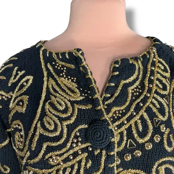 Vintage 90s Michael Simon Black Gold Metallic Embroidered Cropped Knit Cardigan - Picture 2 of 12